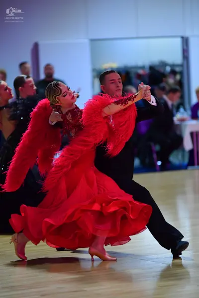 Dancesport competitor: Female dancer: red ballroom dress with a large, voluminous ruffled skirt, sleeve