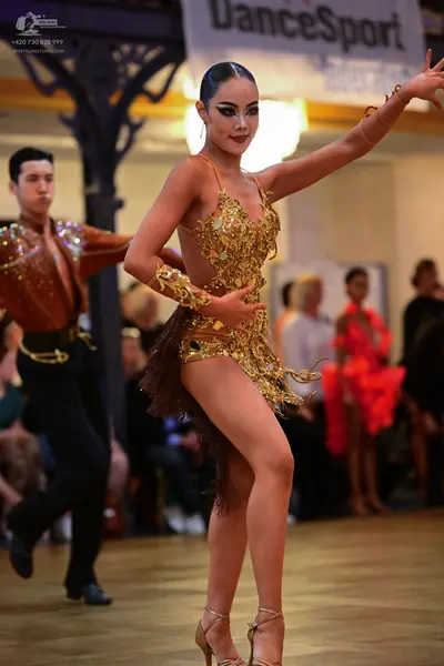 Dancesport competitor: Male dancer: bronze-colored sequined Latin shirt and black trousers