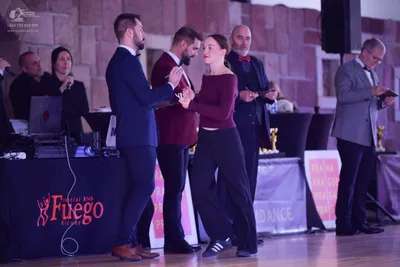 Dancesport competitor: Male dancer: navy blue suit, white shirt, dark tie, and brown leather shoes
