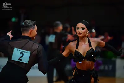 Dancesport competitor: Male dancer: black sheer long-sleeved top and black trousers