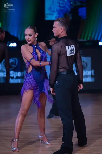 Dancesport competitor: Male dancer: black long-sleeved sheer shirt and black trousers