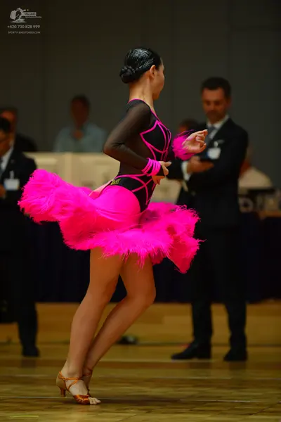 Dancesport competitor: Female dancer: pink and black Latin dress with a voluminous pink feathered or fr