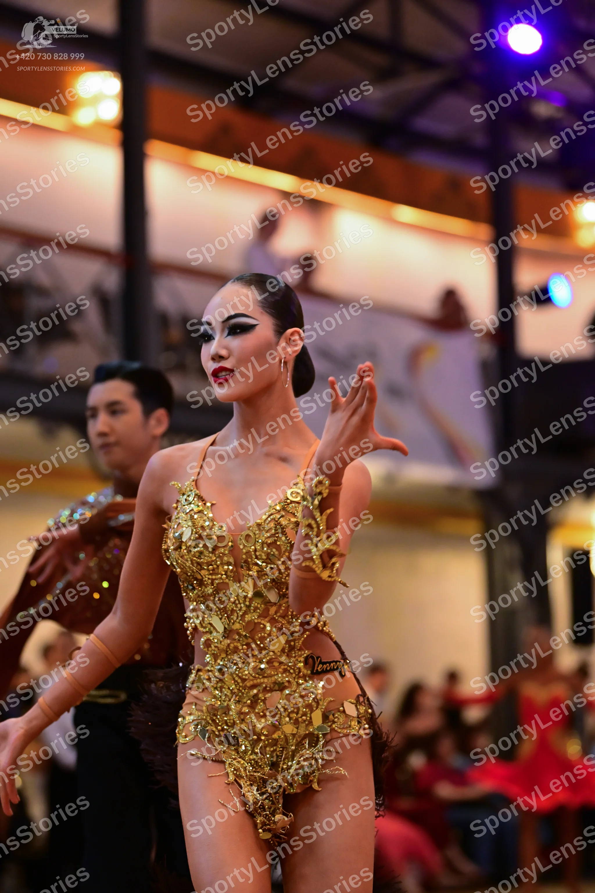 Dancesport competitor #108: Female dancer: gold latin dance bodysuit with heavy sequin and crystal embellish
