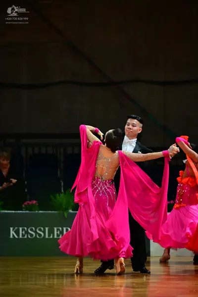Dancesport competitor: Female dancer: pink ballgown with a sheer back decorated with rhinestones and lo