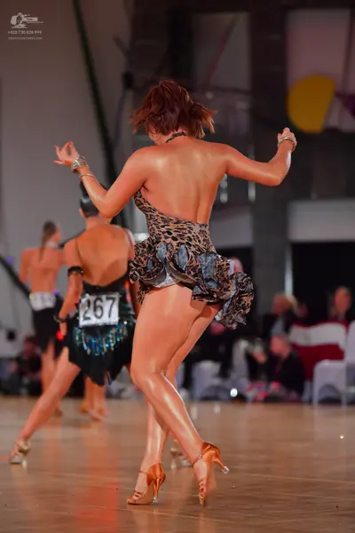 Dancesport competitor #267: Female dancer in foreground: leopard print, backless, ruffled latin dress with s