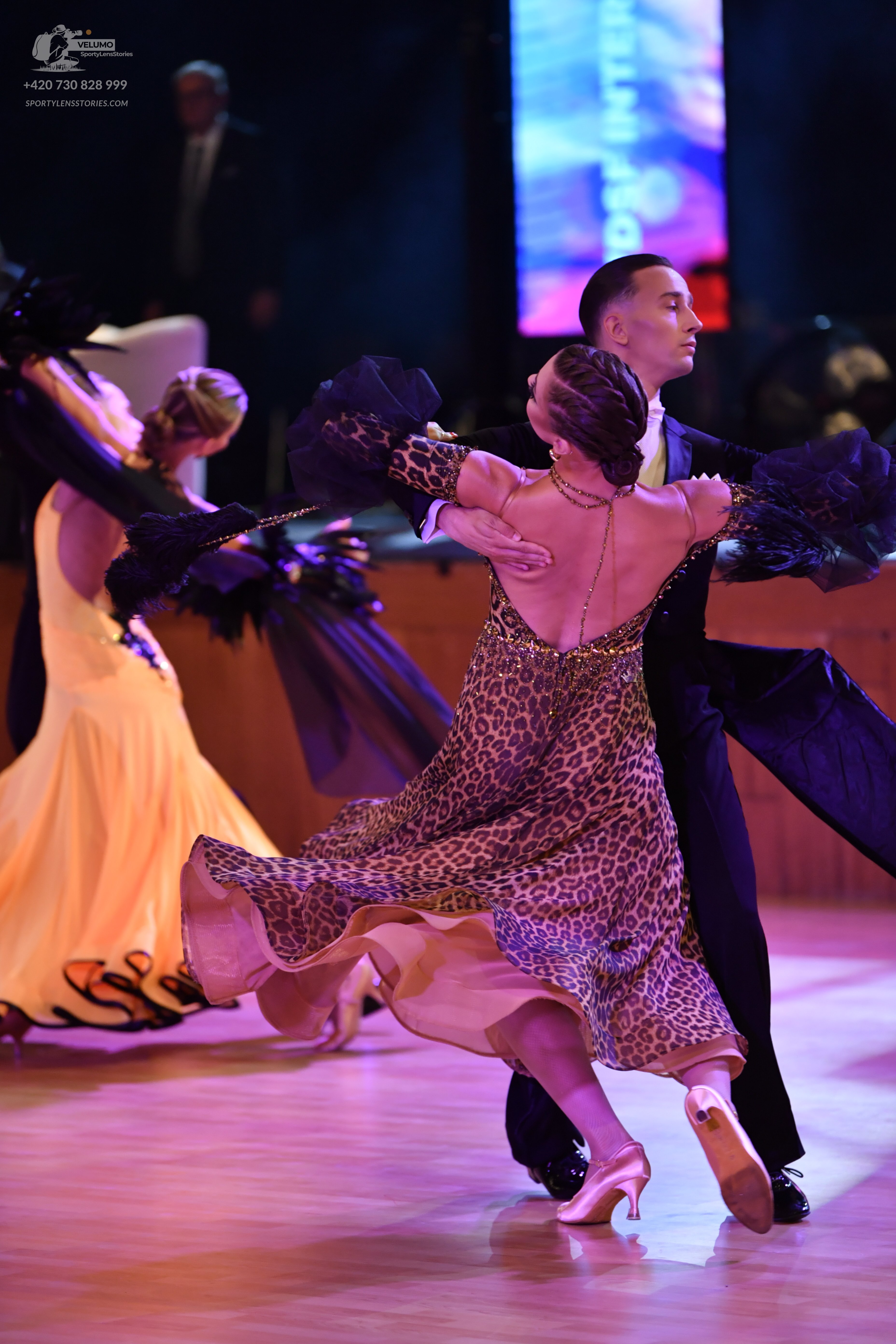 Dancesport competitor: Female dancer: leopard print latin dress with long sleeves featuring black feath