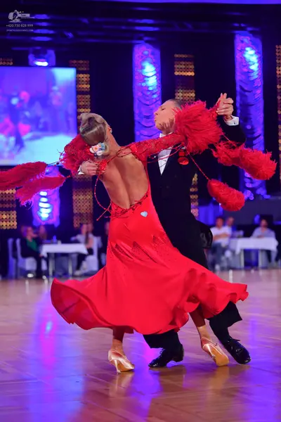 Dancesport competitor: Female dancer: red latin dress with large red feathered sleeves
