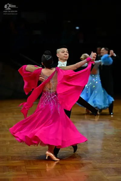 Dancesport competitor: Main female dancer: bright pink ballgown with a sheer, nude-colored lace back de