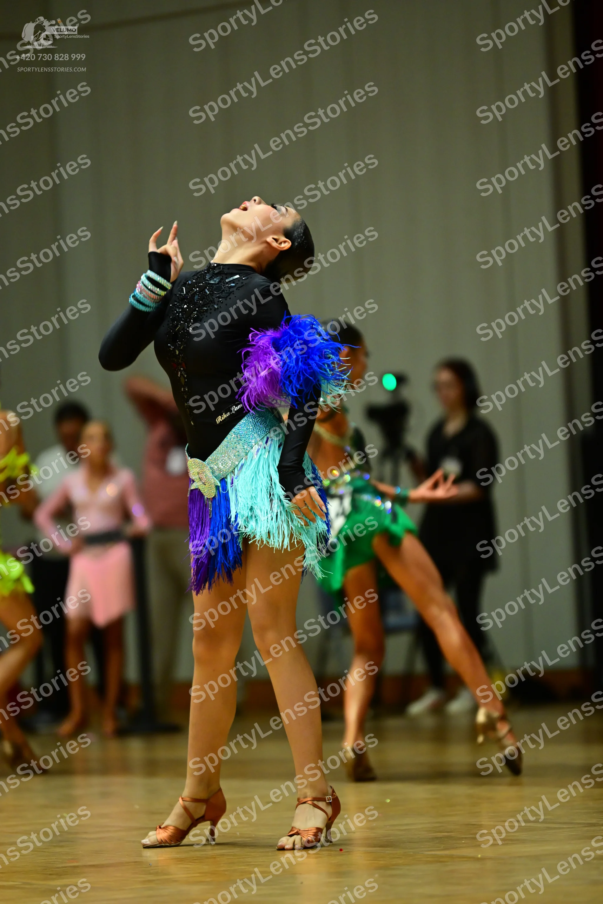 Dancesport competitor: Main dancer: black long-sleeved Latin dress with a sequined bodice and a multi-c
