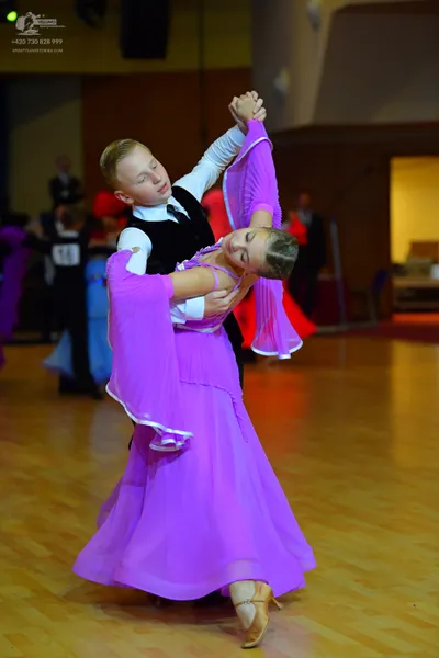Dancesport competitor #16: Female dancer: long, flowing purple ballroom dress with flared sleeves and white
