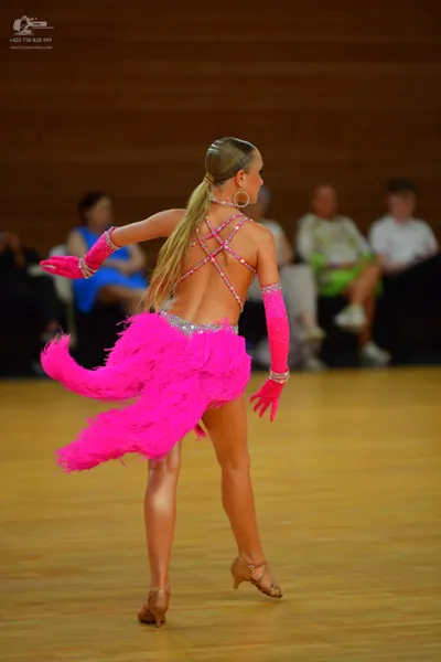 Dancesport competitor: ** Bright Pink
*   **Fabric:** Primarily sequins, with a feathered skirt