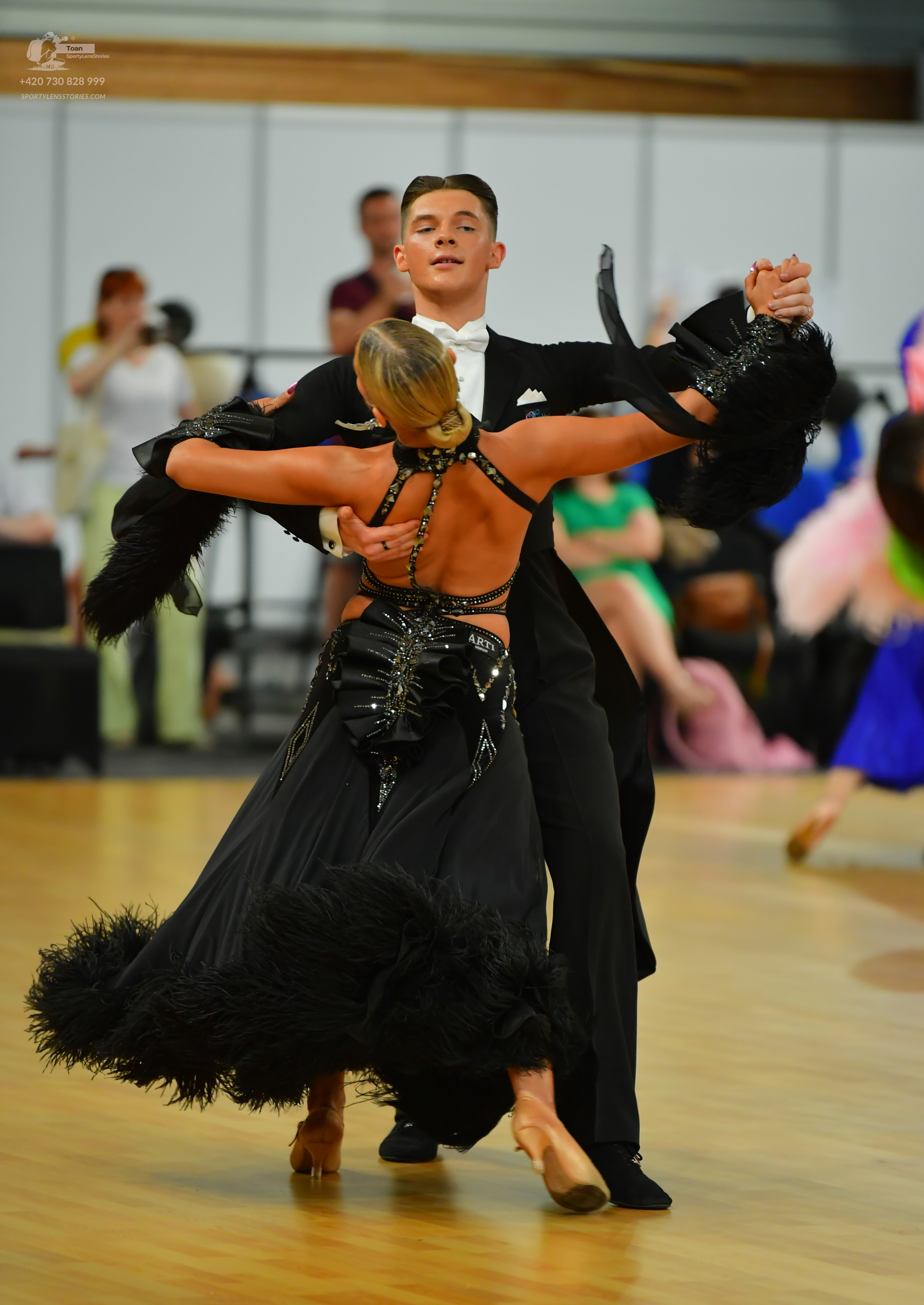 Dancesport competitor: Okay, here's a breakdown of the dancers' costumes in the photo, following your r