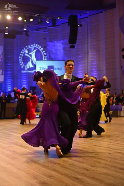 Dancesport competitor: Female dancer in foreground: purple latin dress with sequins and a flowy skirt