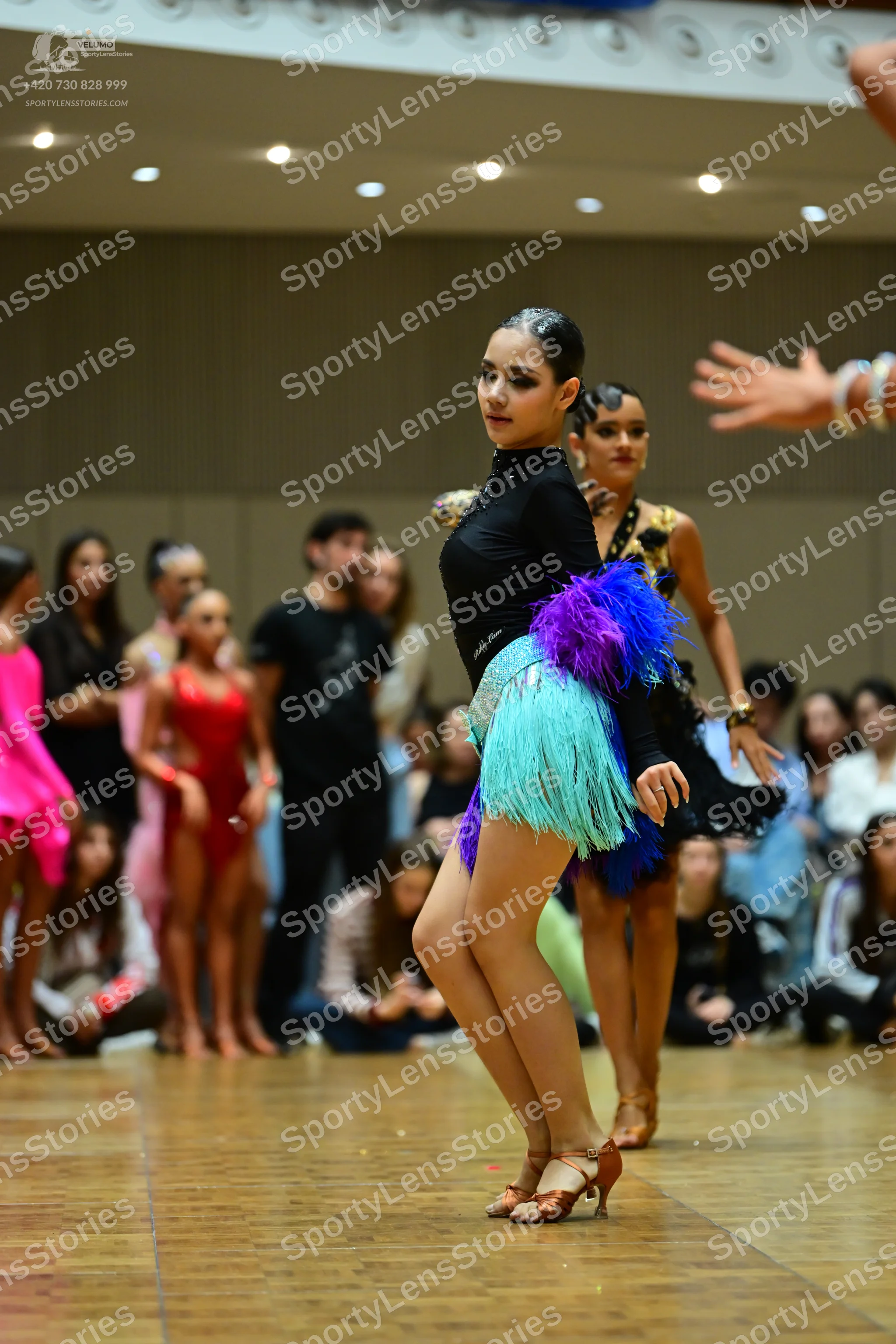 Dancesport competitor: Main female dancer: black long-sleeved top with a multi-colored fringe skirt in