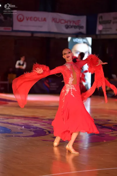 Dancesport competitor: Female dancer: red latin dress with long sleeves featuring red fringe/feathers a
