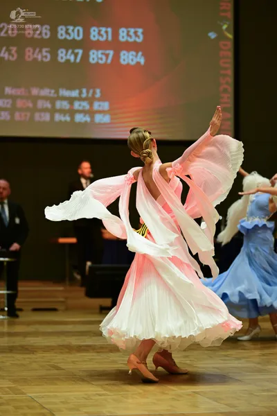 Dancesport competitor: ** Light pink, flowing, layered tulle skirt resembling wings