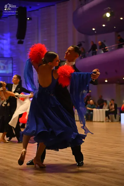 Dancesport competitor: Female dancer in foreground: blue flowing ballroom dress with large red feather/