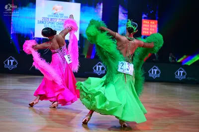 Dancesport competitor: Female dancer: pink ballroom gown with a sequined bodice and large pink feather 