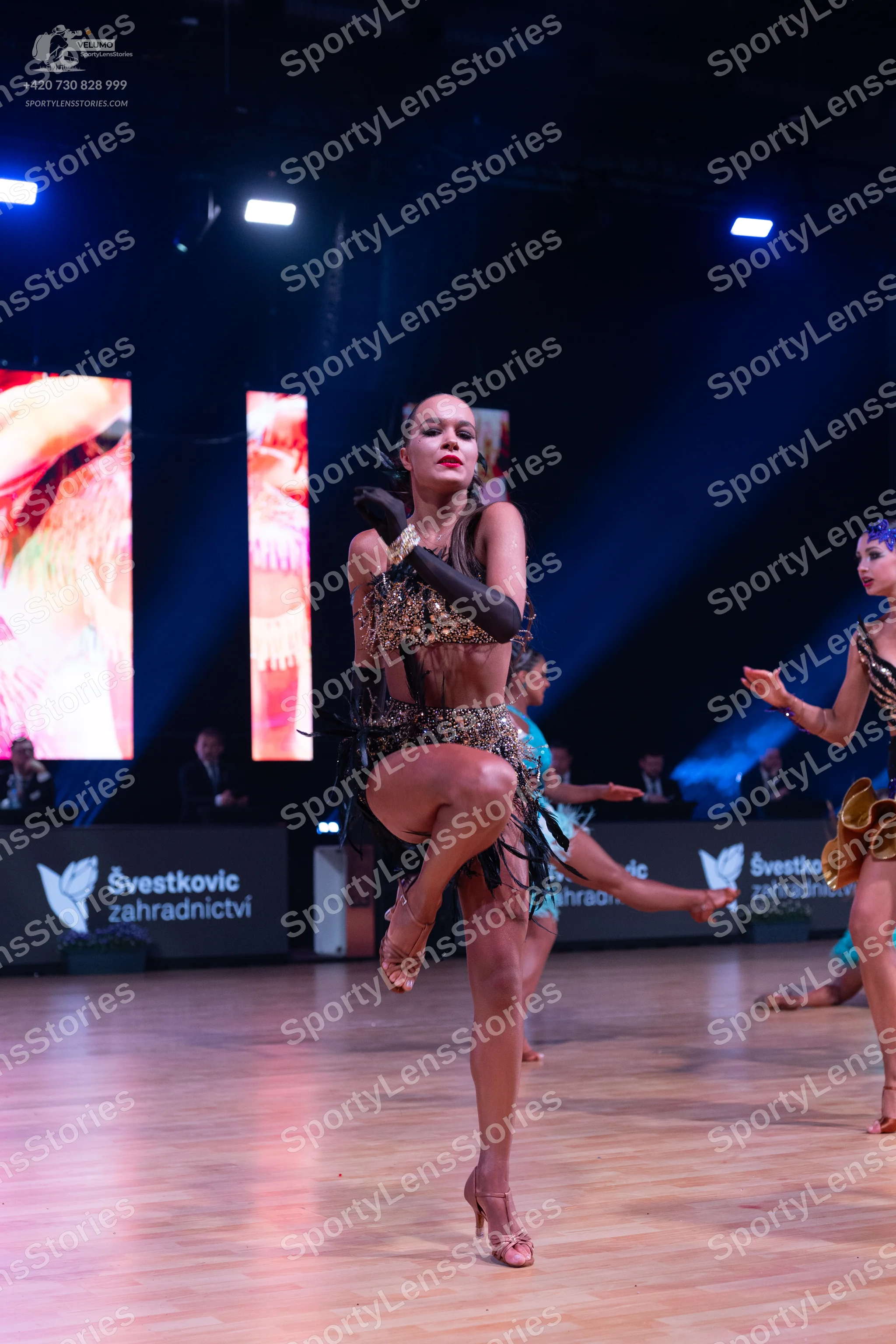 Dancesport competitor: Main dancer: bronze/gold sequin latin dress with fringe skirt