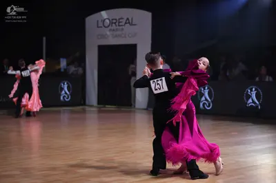 Dancesport competitor: Male dancer in foreground: black ballroom attire consisting of a black waistcoat