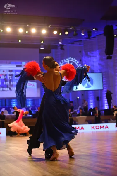 Dancesport competitor: Female dancer: navy blue ballroom gown with large red feathered/fluffy accessori