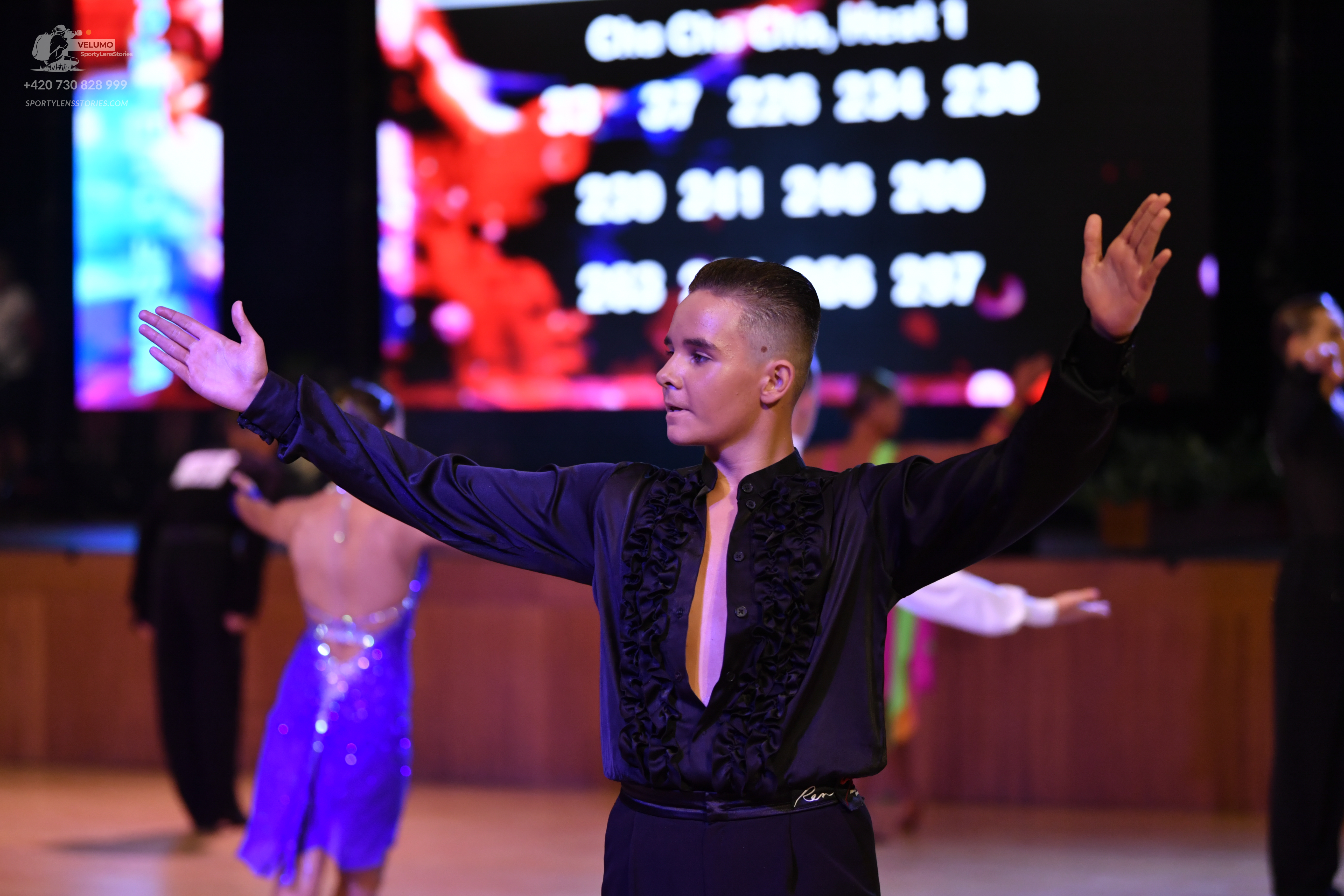 Dancesport competitor: ** Black tailsuit
*   **Fabric:** Sequins (prominent)
*   **Style:** Tailsuit
* 