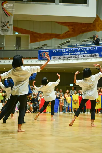 Dancesport competitor: All dancers: white long-sleeved button-down shirts and black trousers