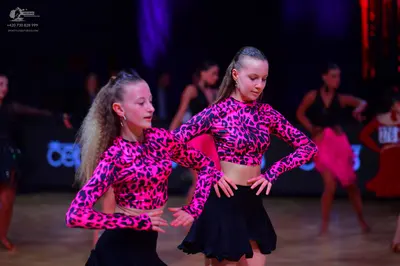 Dancesport competitor: Two foreground dancers: matching pink and black leopard print long-sleeved crop 