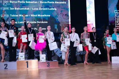 Dancesport competitor: Male dancers: black suits with white shirts and black ties