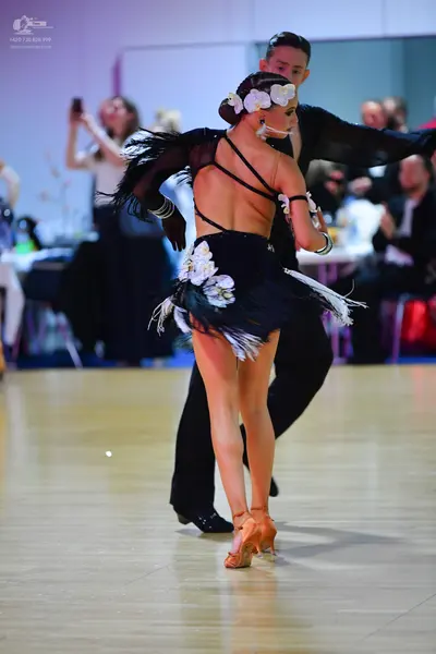 Dancesport competitor: Female dancer: black Latin dress with white floral/feather embellishments and wh