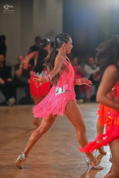 Dancesport competitor #21: Female dancer: pink latin dress with fringe and silver dance shoes