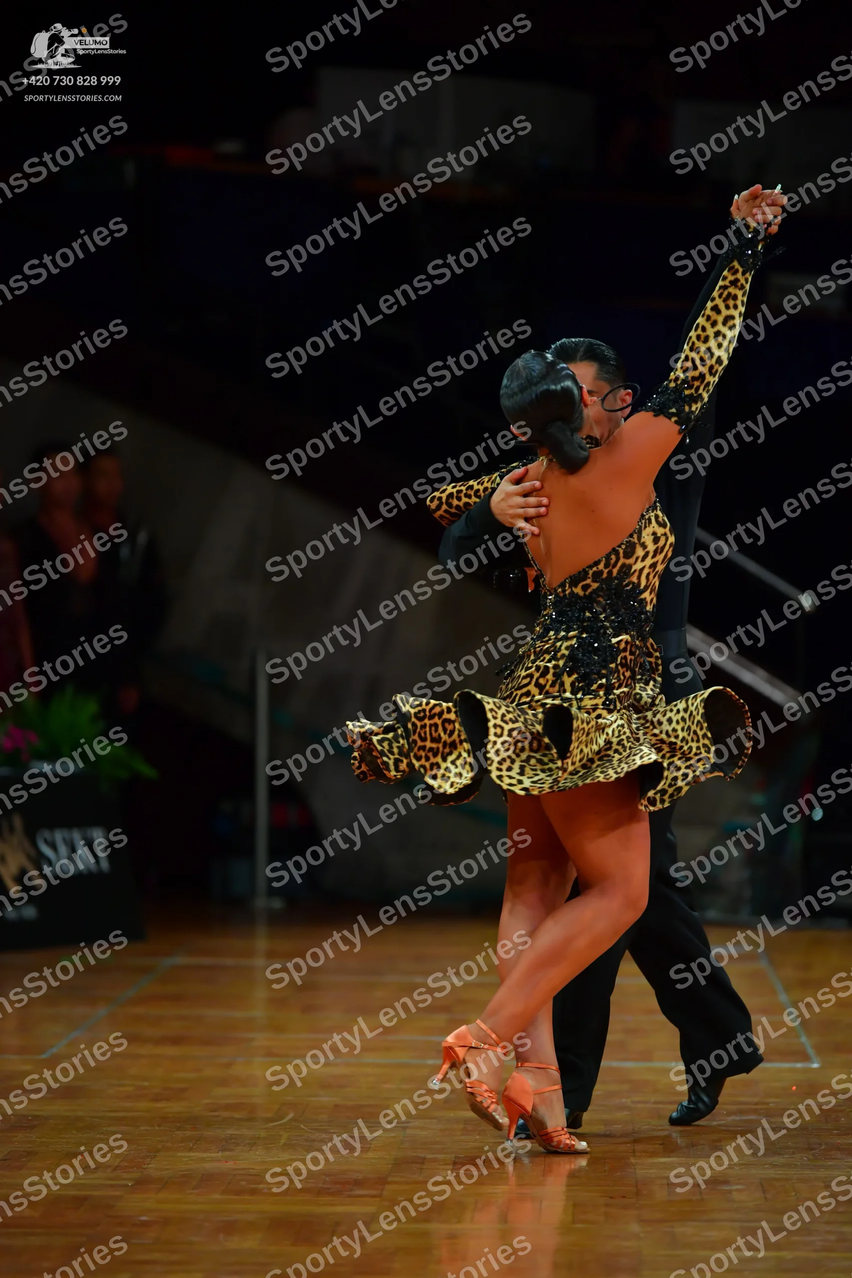 Dancesport competitor: Female dancer: leopard print latin dress with long sleeves, black sequin embelli