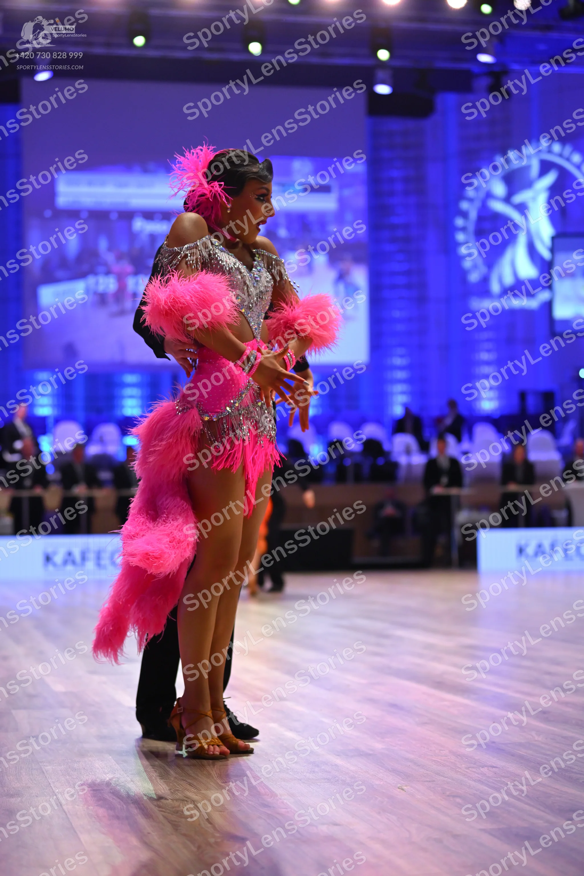 Dancesport competitor: Female dancer: silver sequin Latin dress with bright pink feather trim on the he