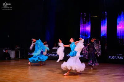 Dancesport competitor: First dancer: cyan blue dance dress with a ruffled skirt