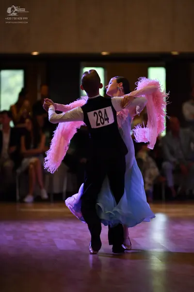 Dancesport competitor #24: ** Red Latin Dress
*   **Fabric:** Satin (likely with some shimmer)
*   **Style: