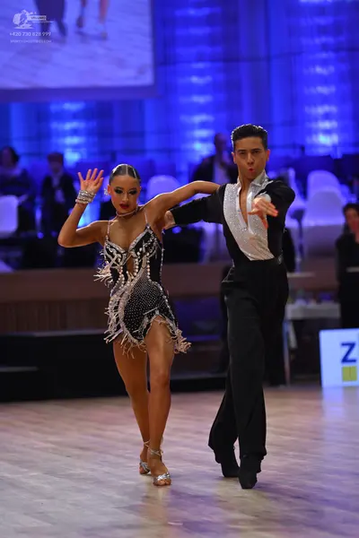 Dancesport competitor: Female dancer: black latin dress with silver sequins, fringe, and a large sparkl