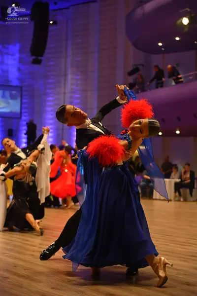 Dancesport competitor: Male dancer in foreground: black tuxedo with a white shirt and black bow tie