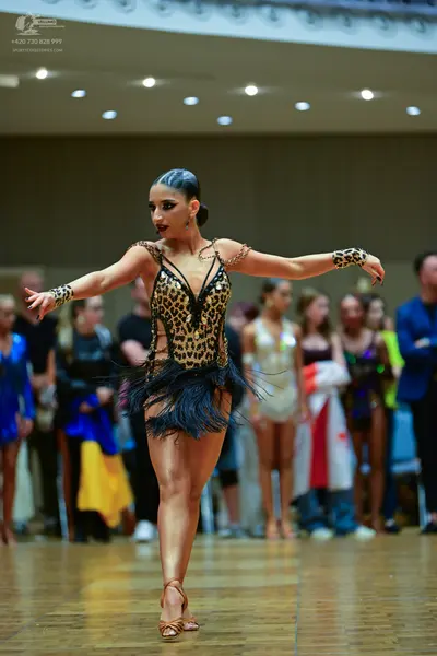 Dancesport competitor: Main female dancer: leopard print Latin dress with a black feathery/fringed skir