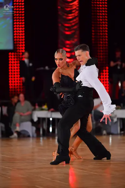 Dancesport competitor: Male dancer: white long-sleeve shirt with ruffled cuffs, black trousers, and a b