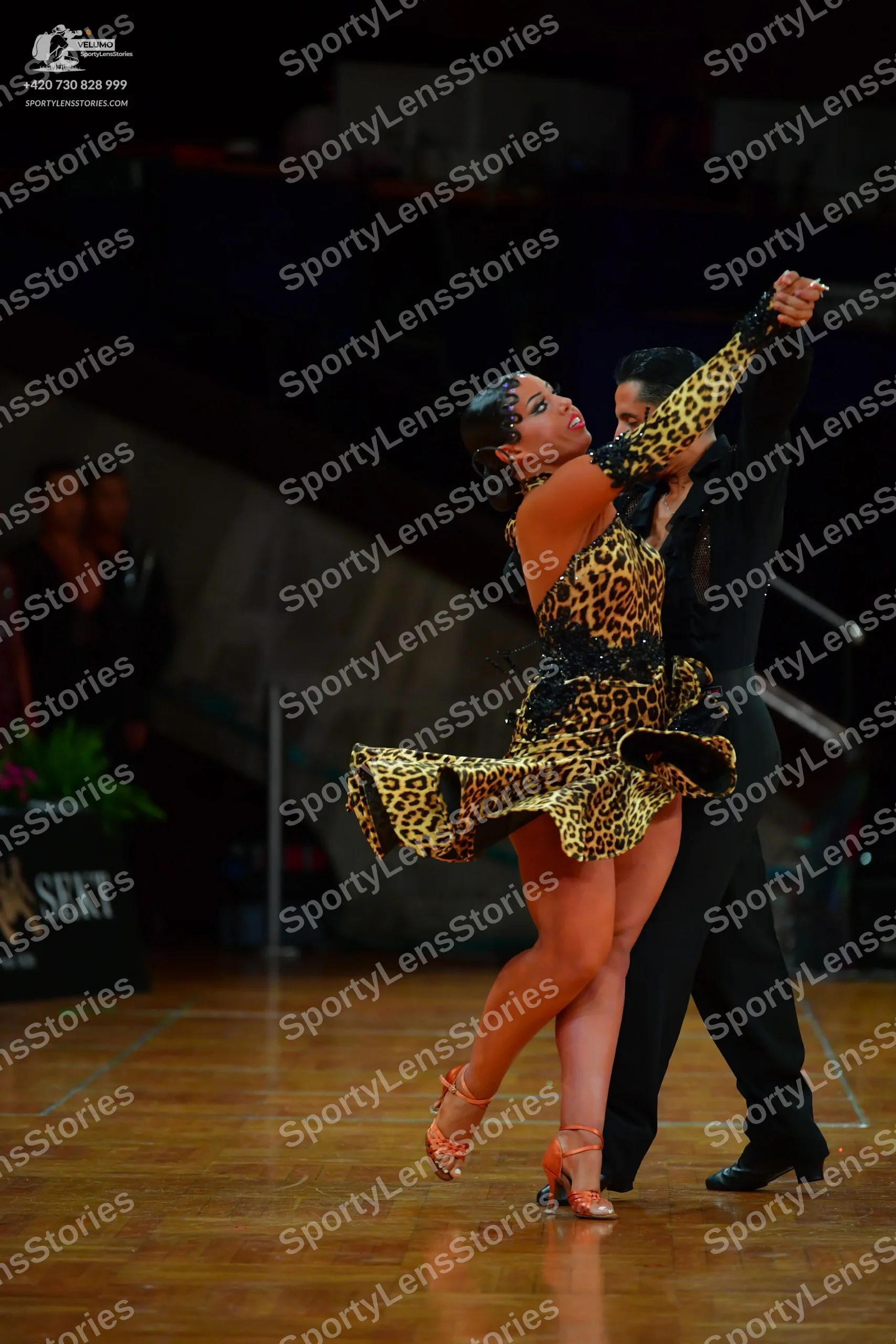Dancesport competitor: Female dancer: leopard print Latin dress with black sequin/bead details and tan