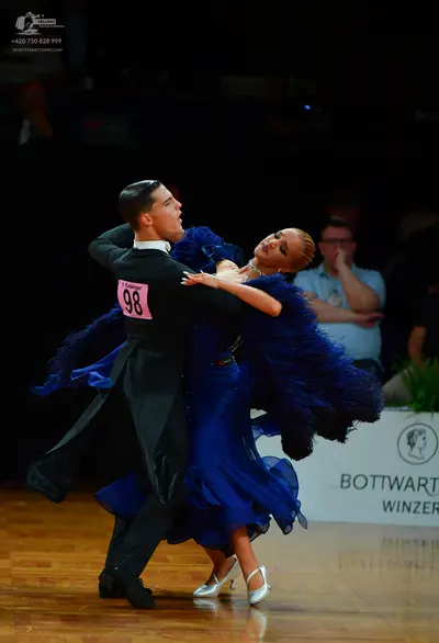 Dancesport competitor: Male dancer: black suit with black trousers and black dance shoes