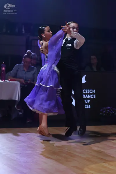 Dancesport competitor: Female dancer: purple ballroom dress with a flowing, multi-layered skirt and she