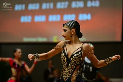 Dancesport competitor: Female dancer (foreground): leopard print latin dress with sequins/crystals and 