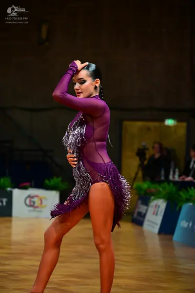 Dancesport competitor: Female dancer: purple latin dress with long sleeves, sheer fabric, and silver fr