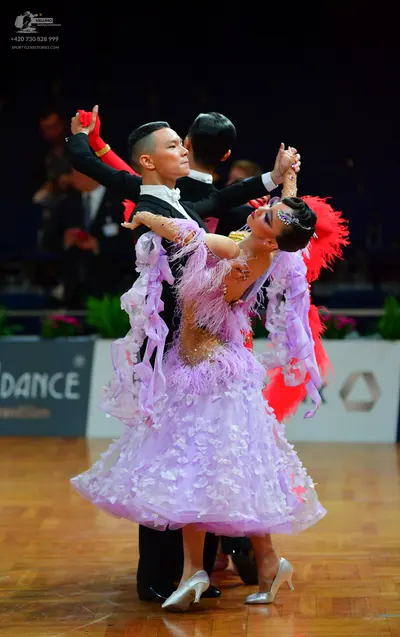 Dancesport competitor: Male dancer: black suit with a white shirt collar