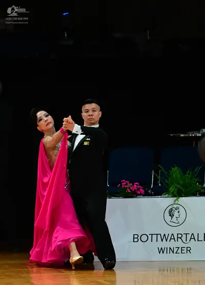 Dancesport competitor: Male dancer: black suit with a white shirt and black bow tie