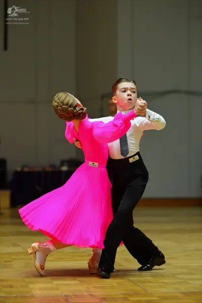 Dancesport competitor: Female dancer: bright pink long-sleeved ballroom dress with a flowing pleated sk