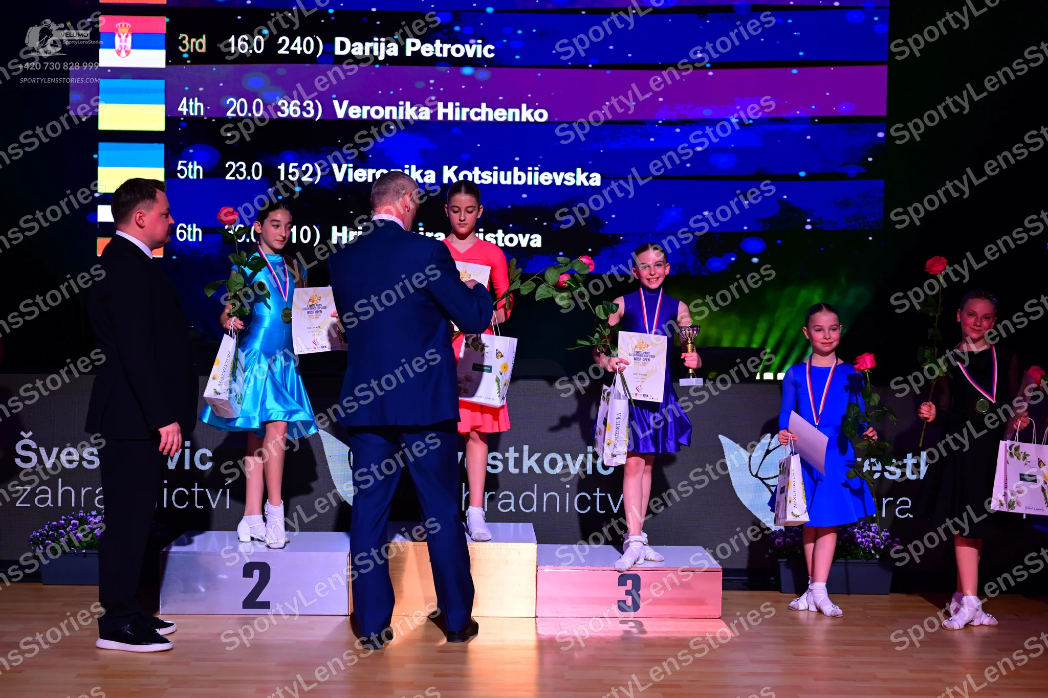 Dancesport competitor: First female dancer from left: light blue satin dress with a flared skirt and wh