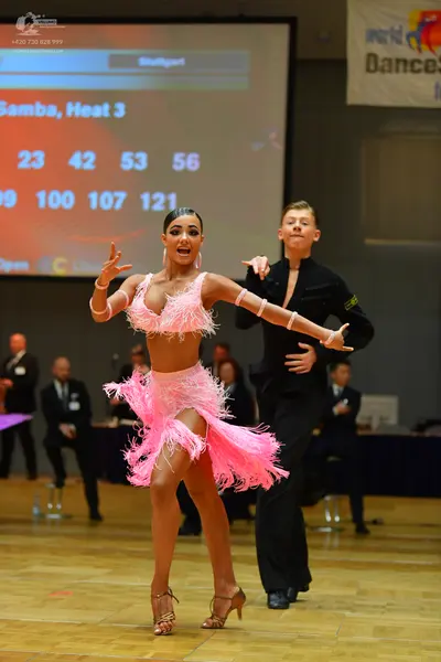 Dancesport competitor: Female dancer: pink latin dress with feather-like fringe, matching arm sleeves, 