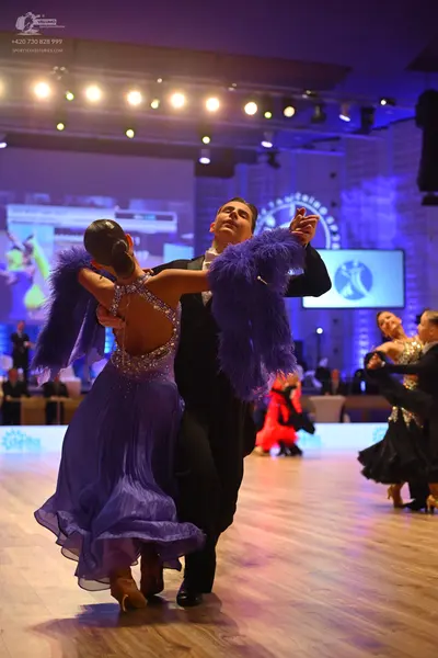 Dancesport competitor: Main female dancer: purple latin dress with a sequined bodice and large purple t